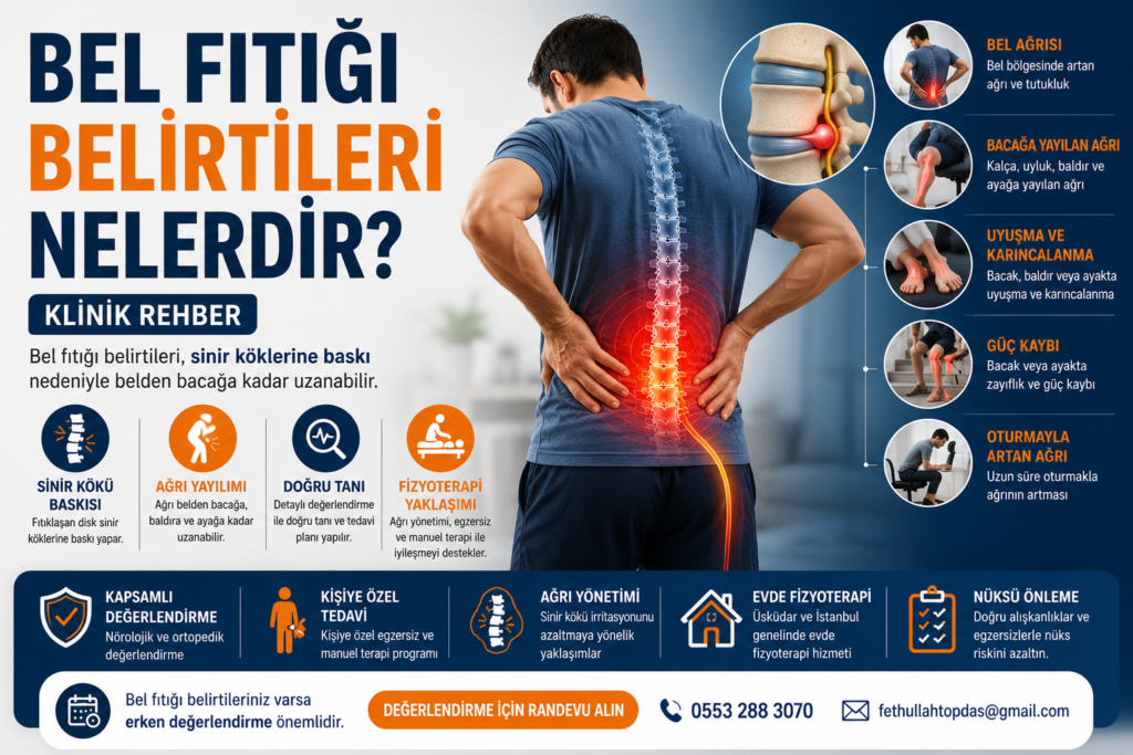Bel fıtığı belirtilerini ve sinir kökü baskısını gösteren fizyoterapi görseli
