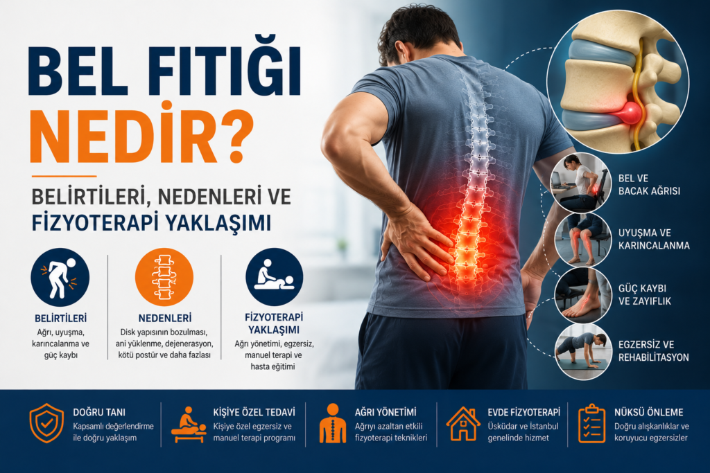 Bel fıtığı nedir, belirtileri ve fizyoterapi yaklaşımını gösteren görsel