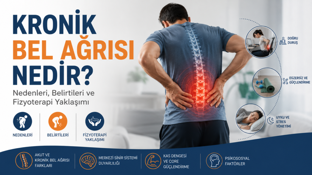 Kronik bel ağrısı nedenlerini ve fizyoterapi yaklaşımını gösteren görsel