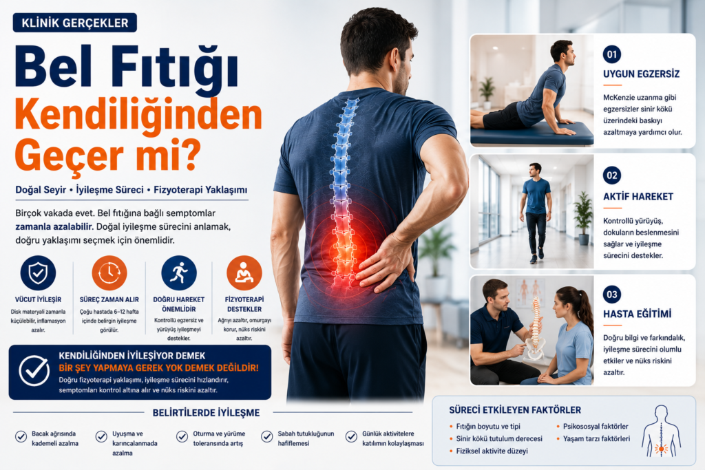 Bel fıtığının doğal iyileşme sürecini ve fizyoterapi yaklaşımını gösteren görsel
