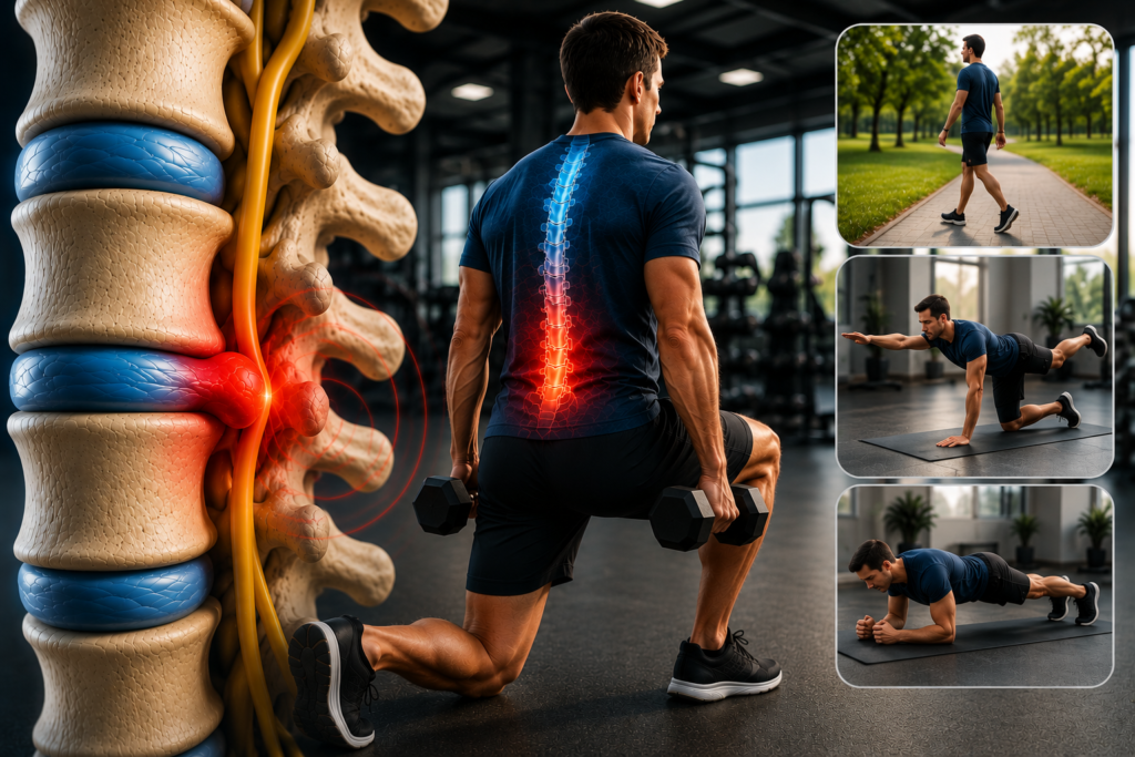 Bel fıtığı olan bir bireyin uygun formda spor yaparken gösterildiği görsel