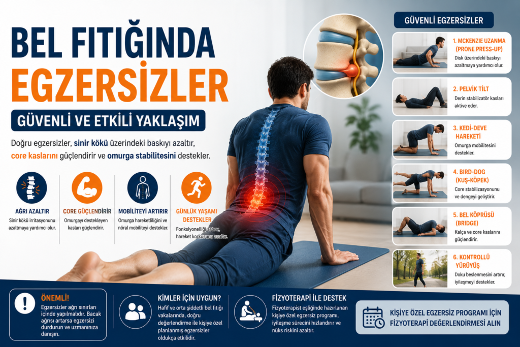 Bel fıtığında uygulanabilecek güvenli egzersizleri gösteren fizyoterapi görseli