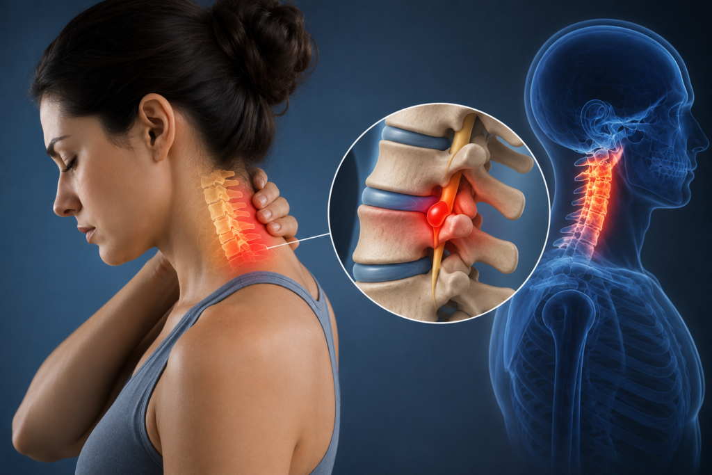 Boyun fıtığının omurga üzerindeki etkisini gösteren anatomik görsel